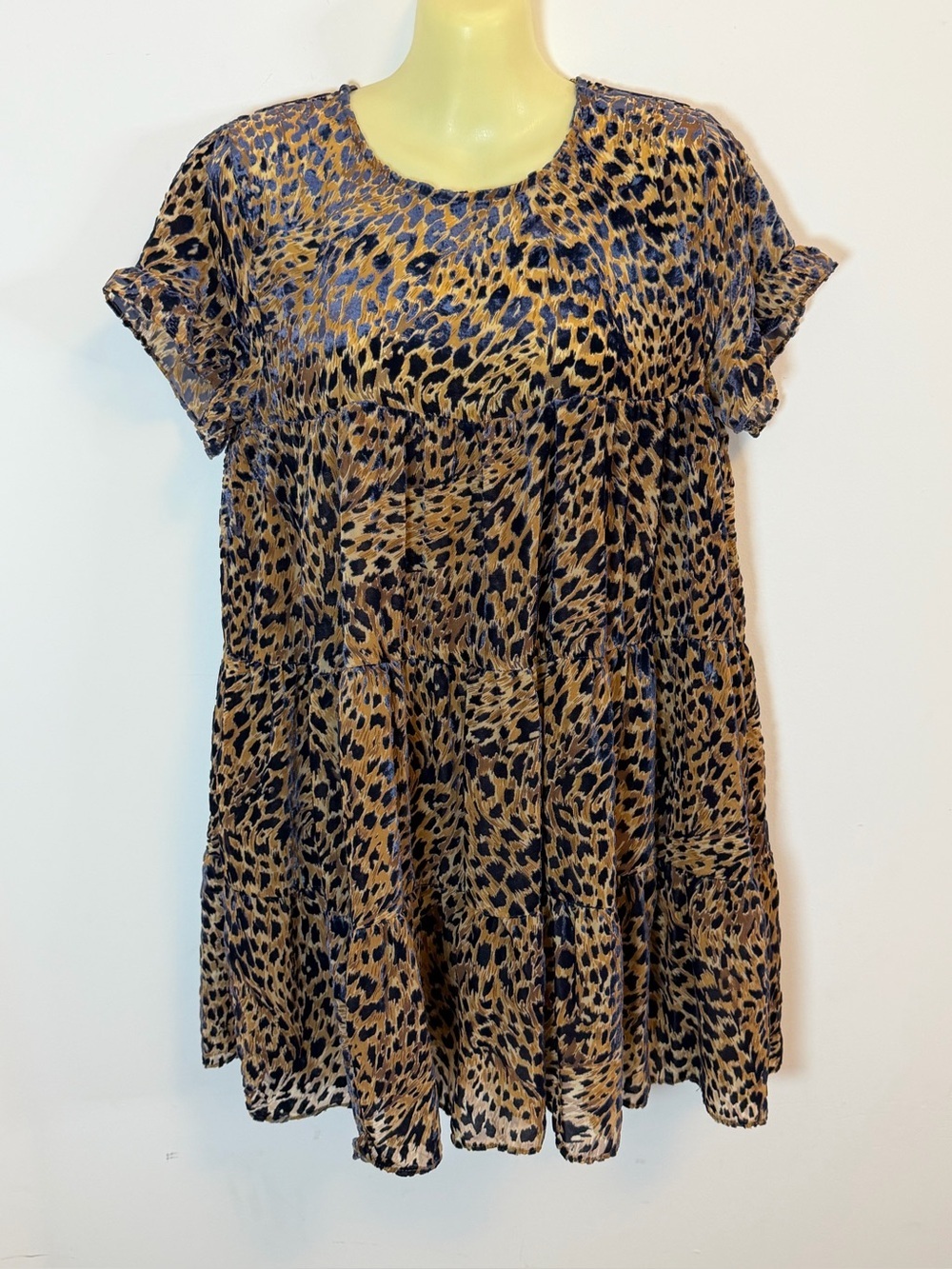 Karlie Brown and Navy Leopard Short Sleeve Print Tiered Mini Dress